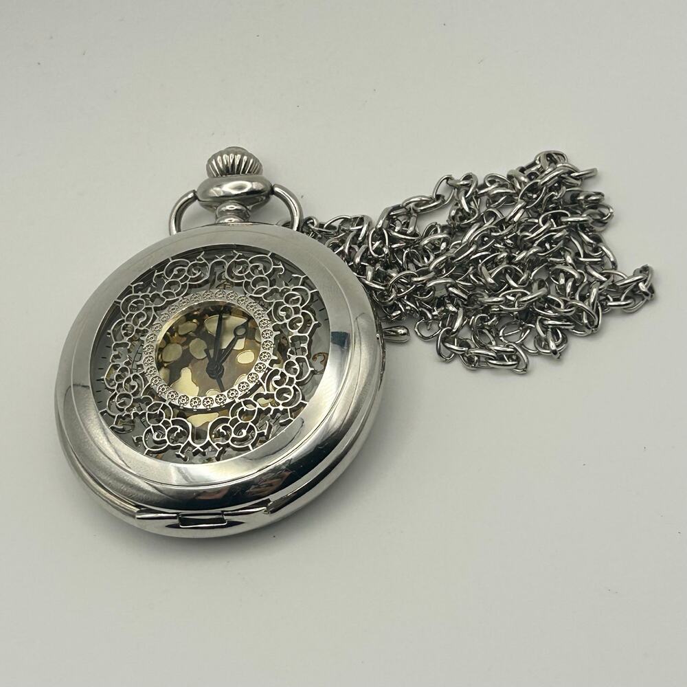 Open Center Silver Tone Vintage Style Pocket Watch Necklace Working New Battery - Picture 4 of 7